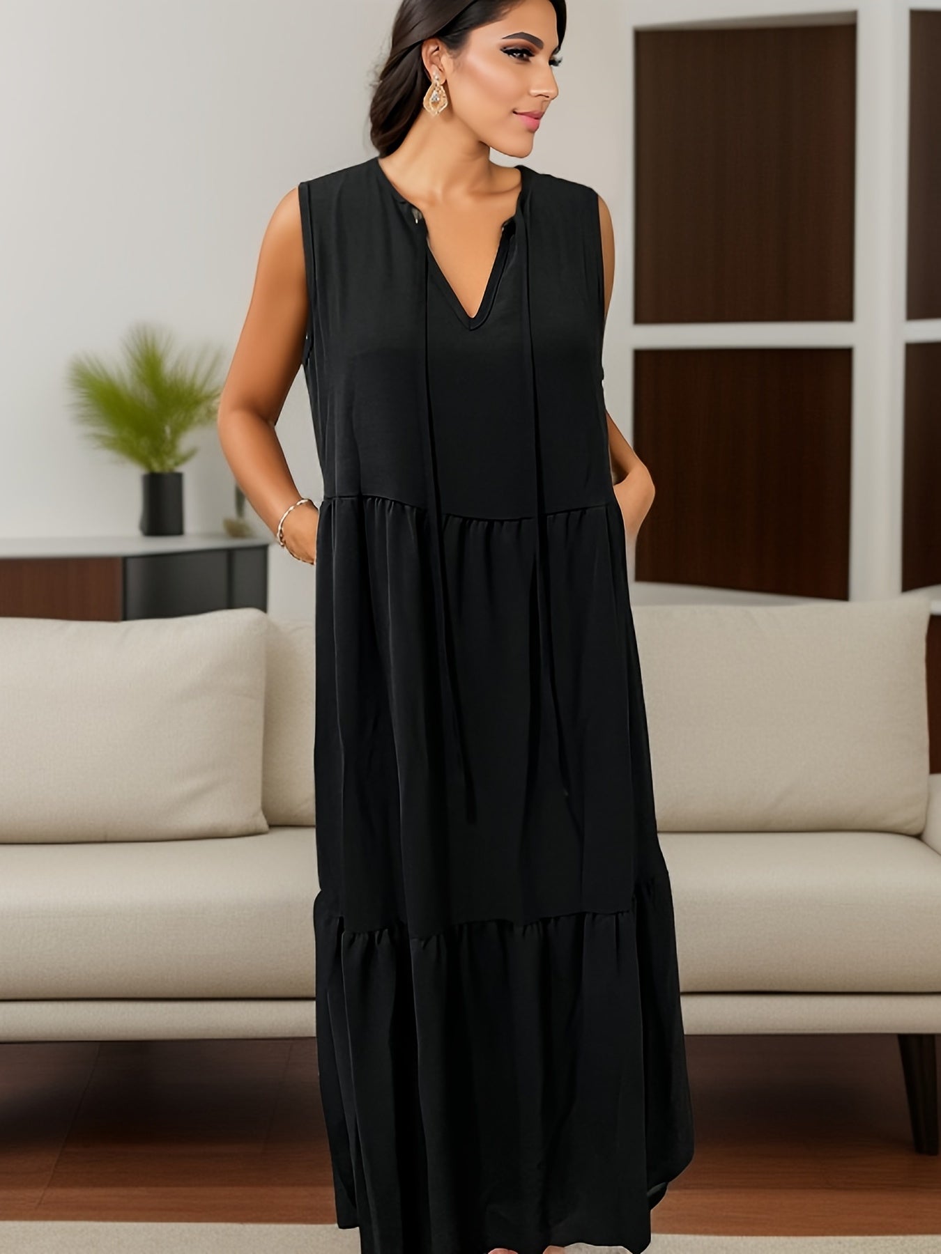 Boho Ruched Tie Front Maxi Dress Casual V Neck Sleeveless Solid