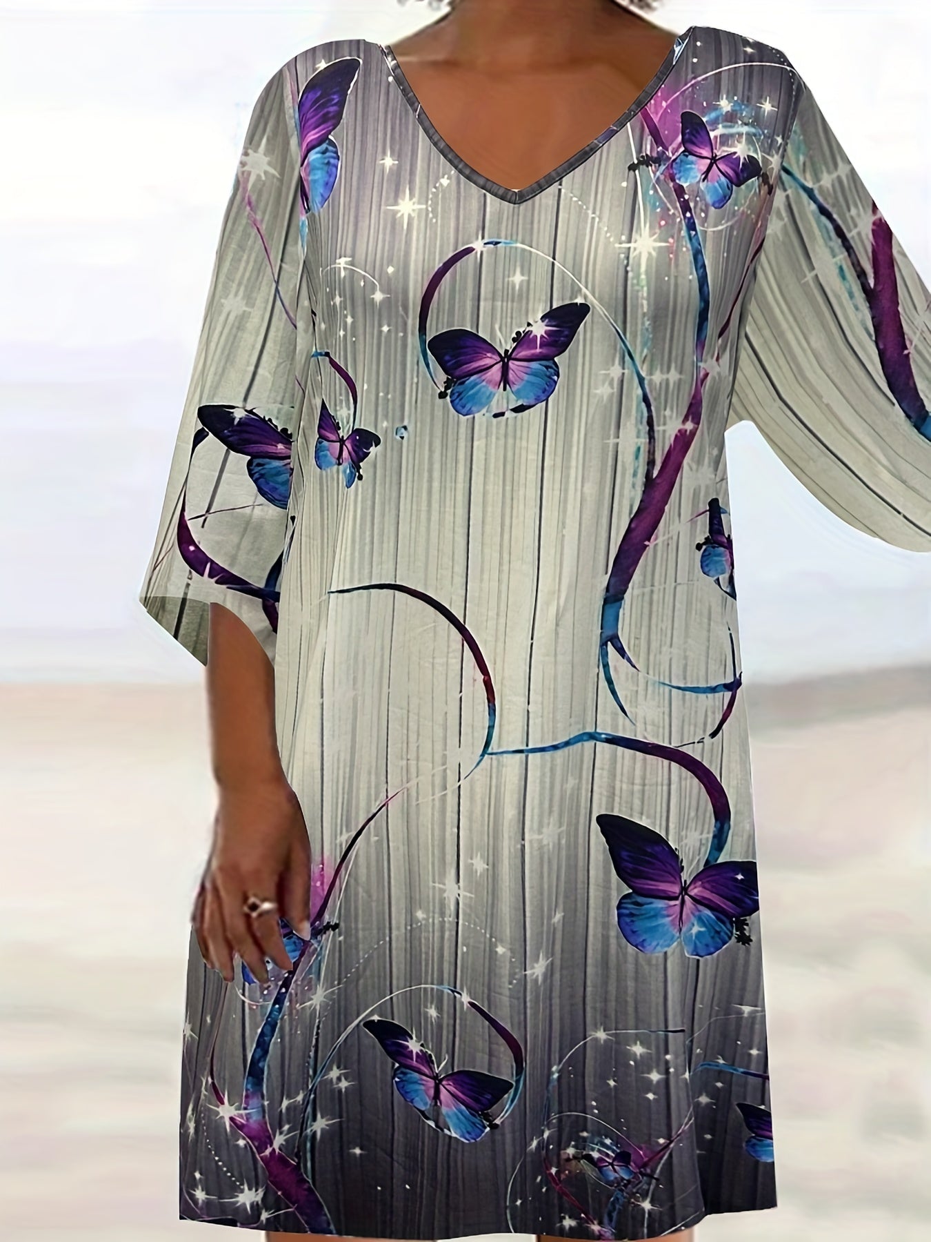 Women's Plus Butterfly Print Half Sleeve V Neck Dress