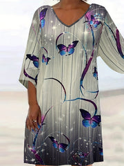 Women's Plus Butterfly Print Half Sleeve V Neck Dress