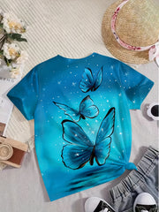 Butterfly Print Short Sleeve T shirt Girls Comfy Pullover Summer Clothes