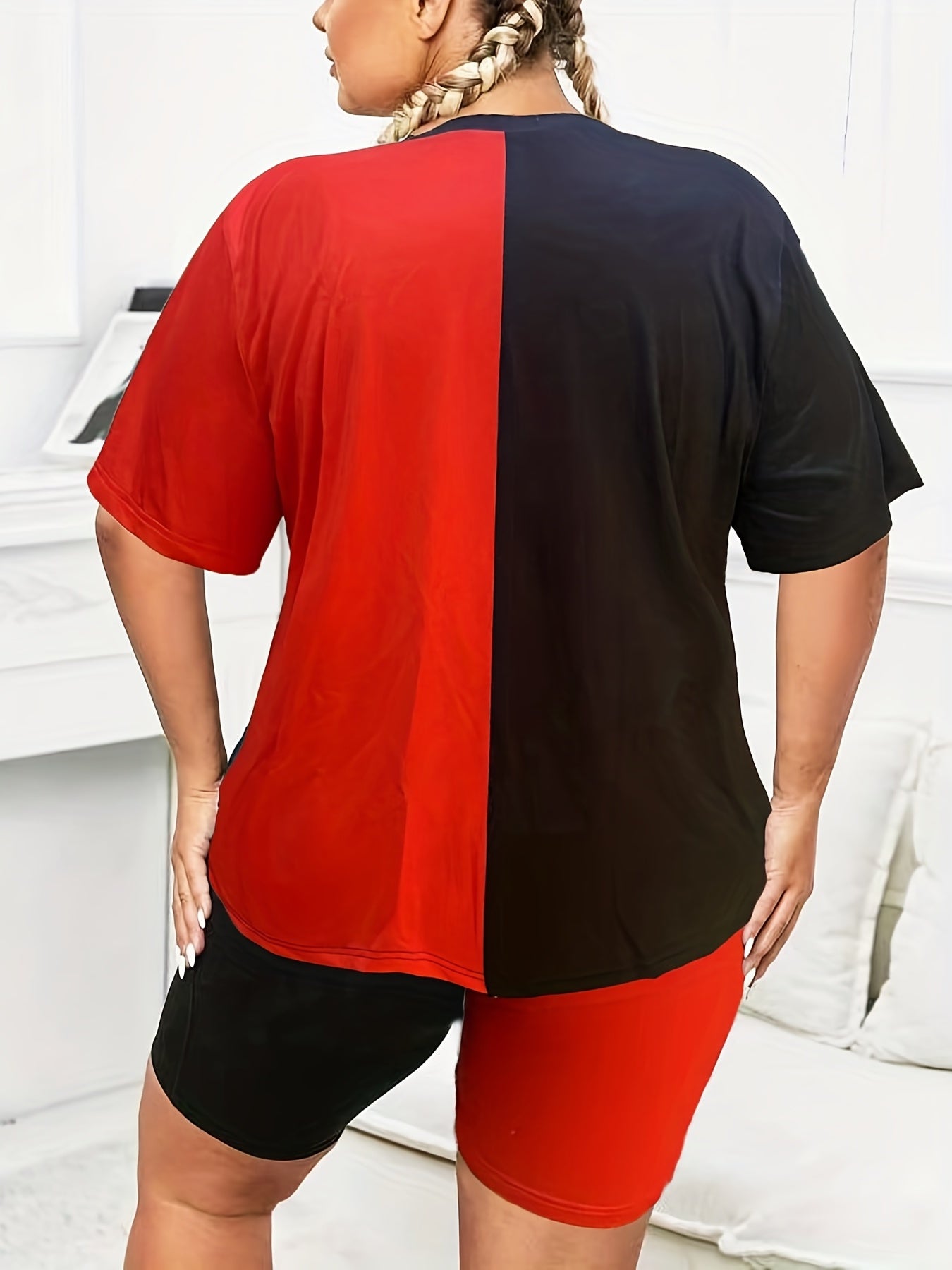 Women's Plus Size Colorblock Figure & Letter Print Tee & Shorts Set