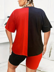 Women's Plus Size Colorblock Figure & Letter Print Tee & Shorts Set