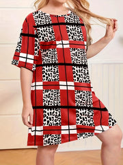 Leopard & Plaid Print Nightdress Short Sleeve Sleep Dress