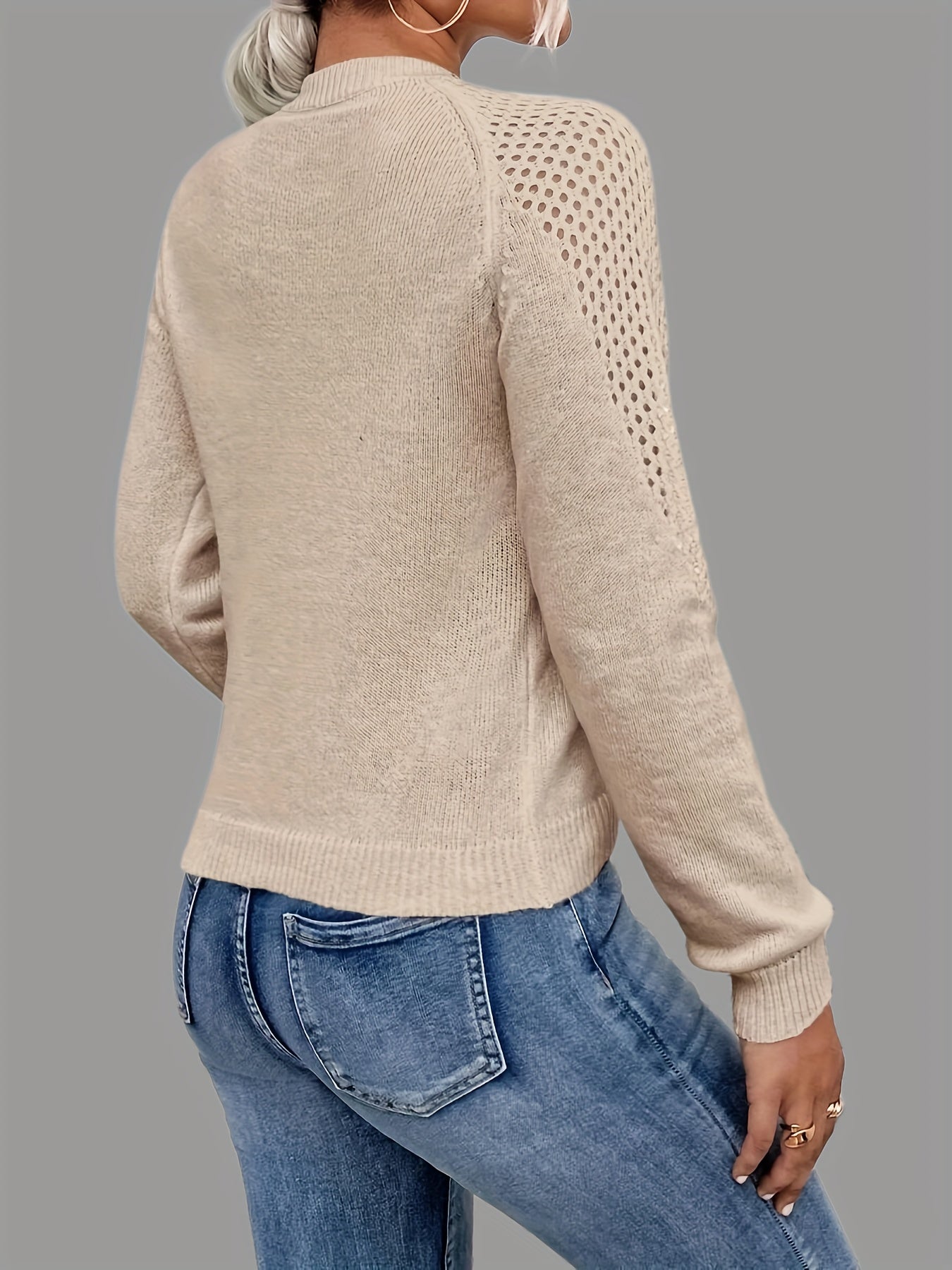 Eyelet Cutout Knitted Pullover Top V Neck Sweater for Women