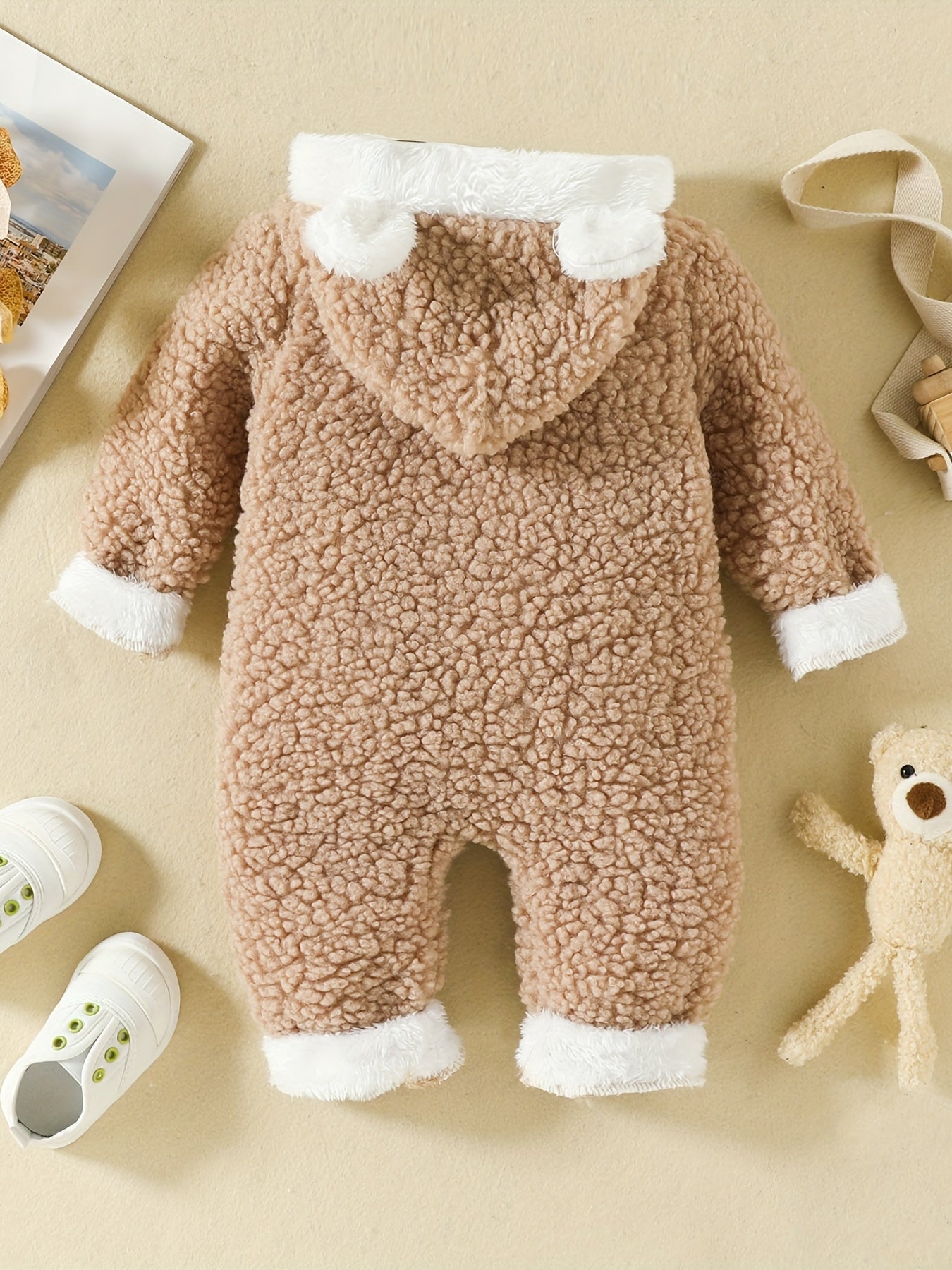 Furry Bear Hooded Baby Jumpsuit with Ears