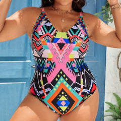 Geo Print V Neck One Piece Swimsuit