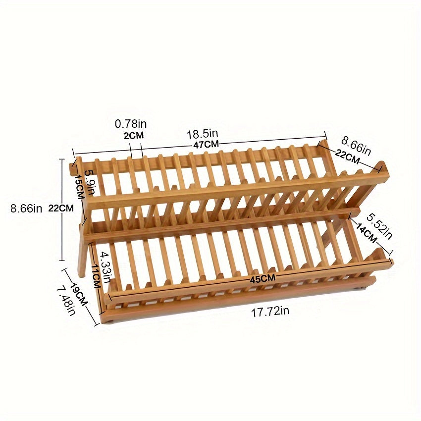 2 Tier Bamboo Dish Drying Rack Collapsible Foldable Kitchen Plate Drainer