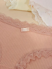 4pcs Lace Trim Ribbed Briefs Solid Panties Women's Lingerie
