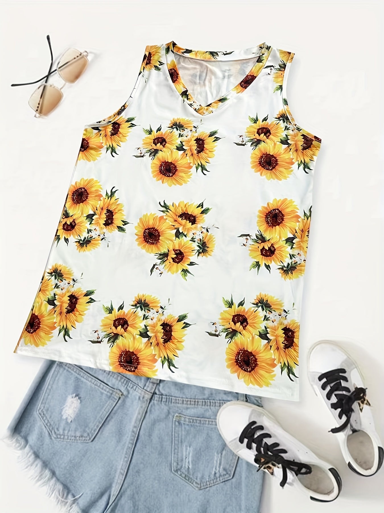 Sunflower Print V Neck Tank Top Summer Sleeveless Casual Women's Clothing