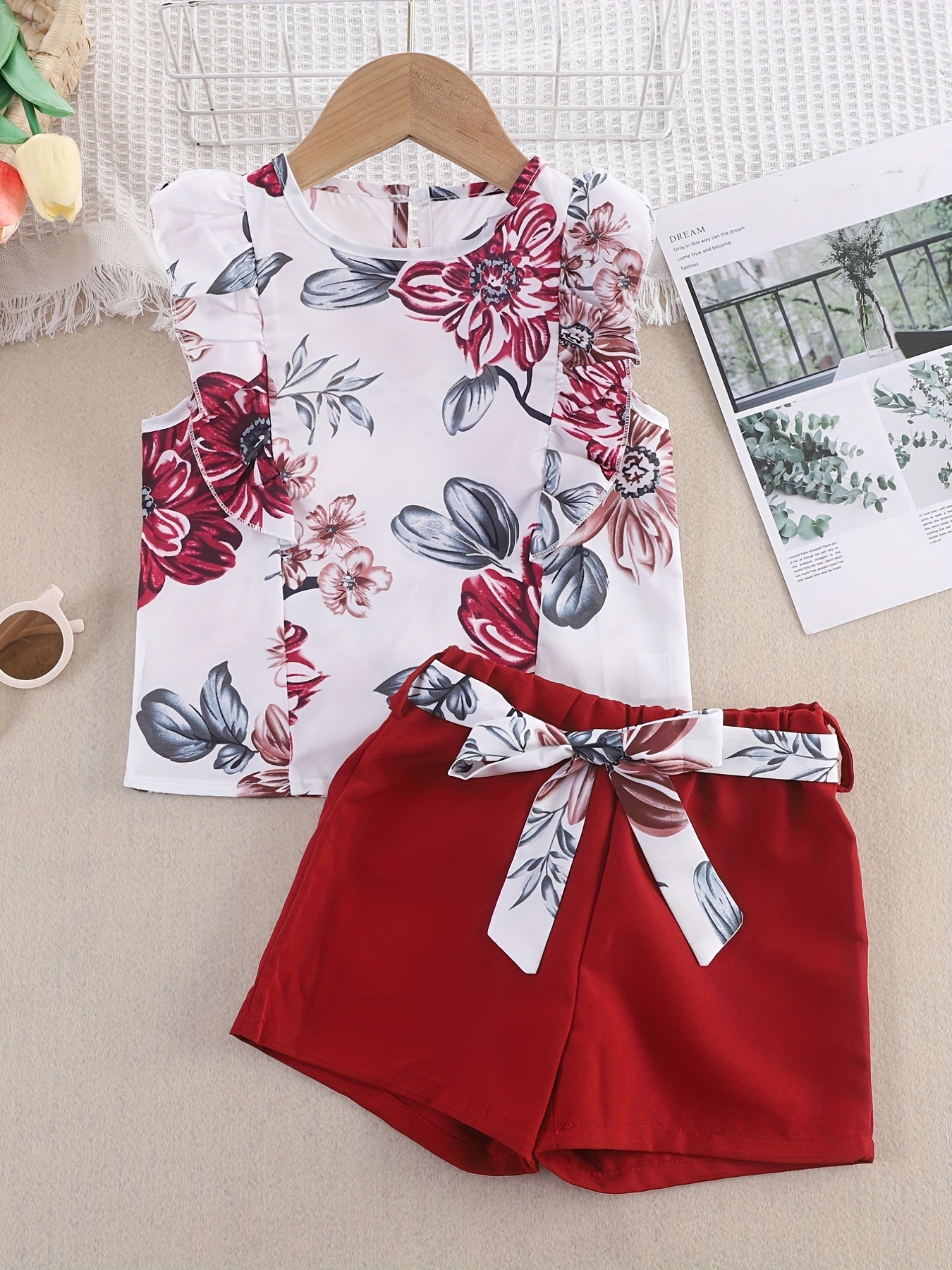 Toddler Girls Sleeveless Flowers Top & Shorts Set Kids Summer Clothes