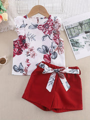 Toddler Girls Sleeveless Flowers Top & Shorts Set Kids Summer Clothes