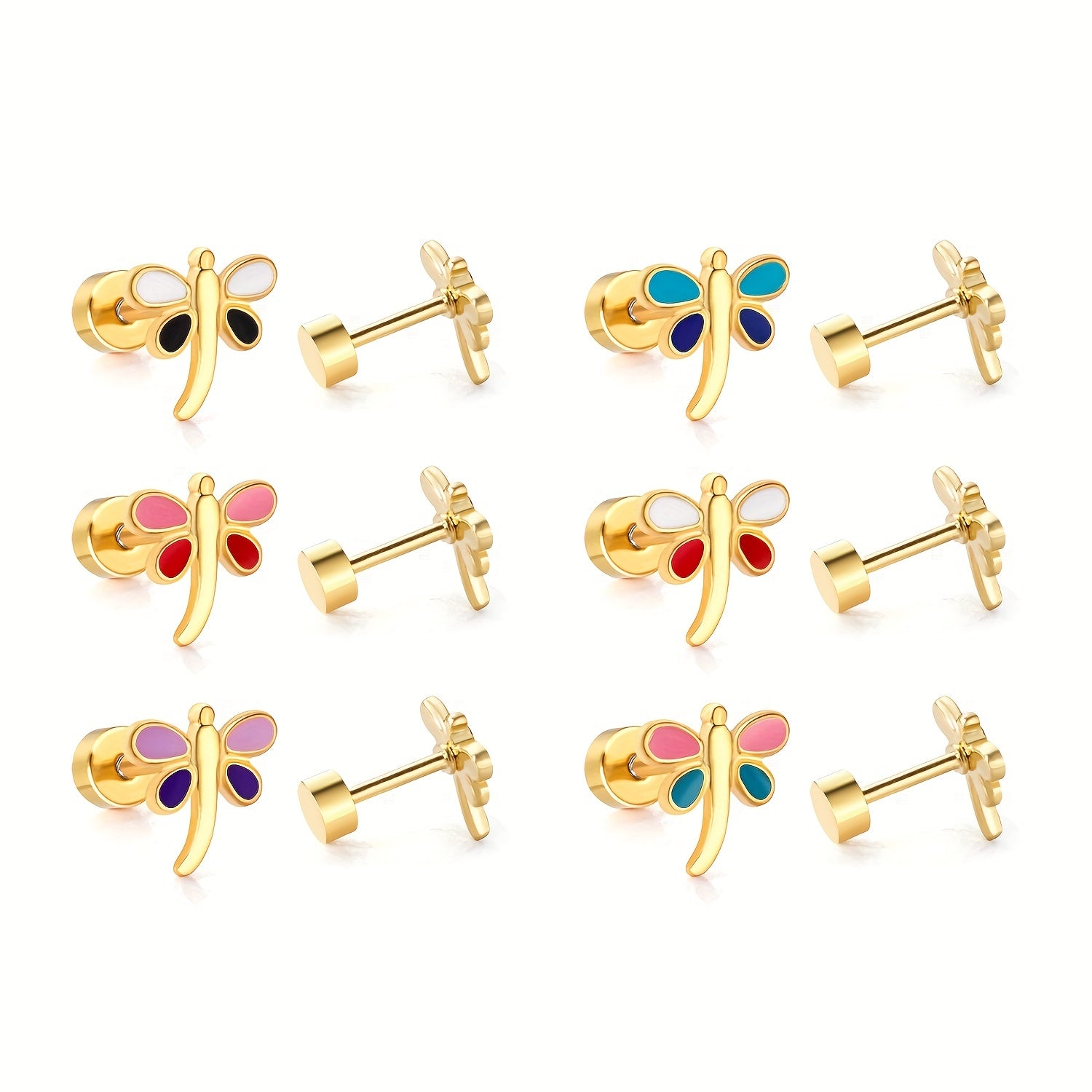 6 Pairs Dragonfly Stud Earrings for Girls