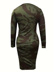 Camo Long Sleeve Round Neck Side Tie Ruched Split Bodycon Midi Dress