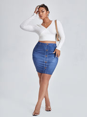 Denim Print High Waist Mini Skirt Women's Plus High Stretch