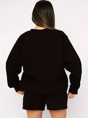 Letter Print Fleece Sweatshirt & Shorts 2 Piece Set