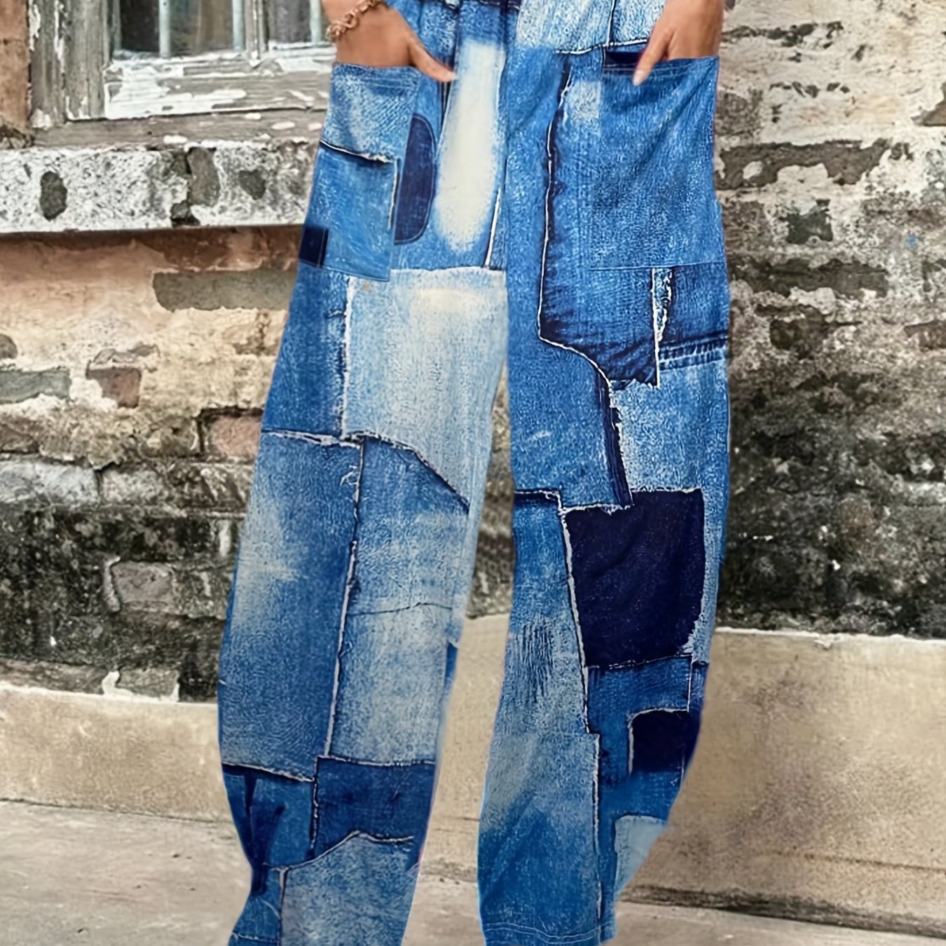 Patchwork Print Wide Leg Pants Casual Pocket Pants