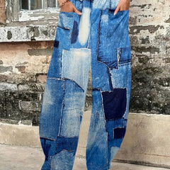 Patchwork Print Wide Leg Pants Casual Pocket Pants
