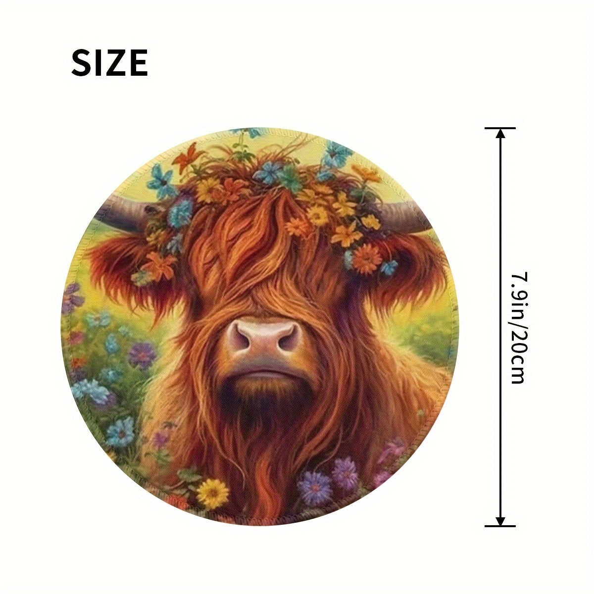 Highland Cow Pattern Mouse Pad Round Mouse Mat Non Slip Rubber Base Mousepad