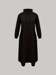 Solid Long Sleeve Drawstring Hooded Maxi Dress with Pockets
