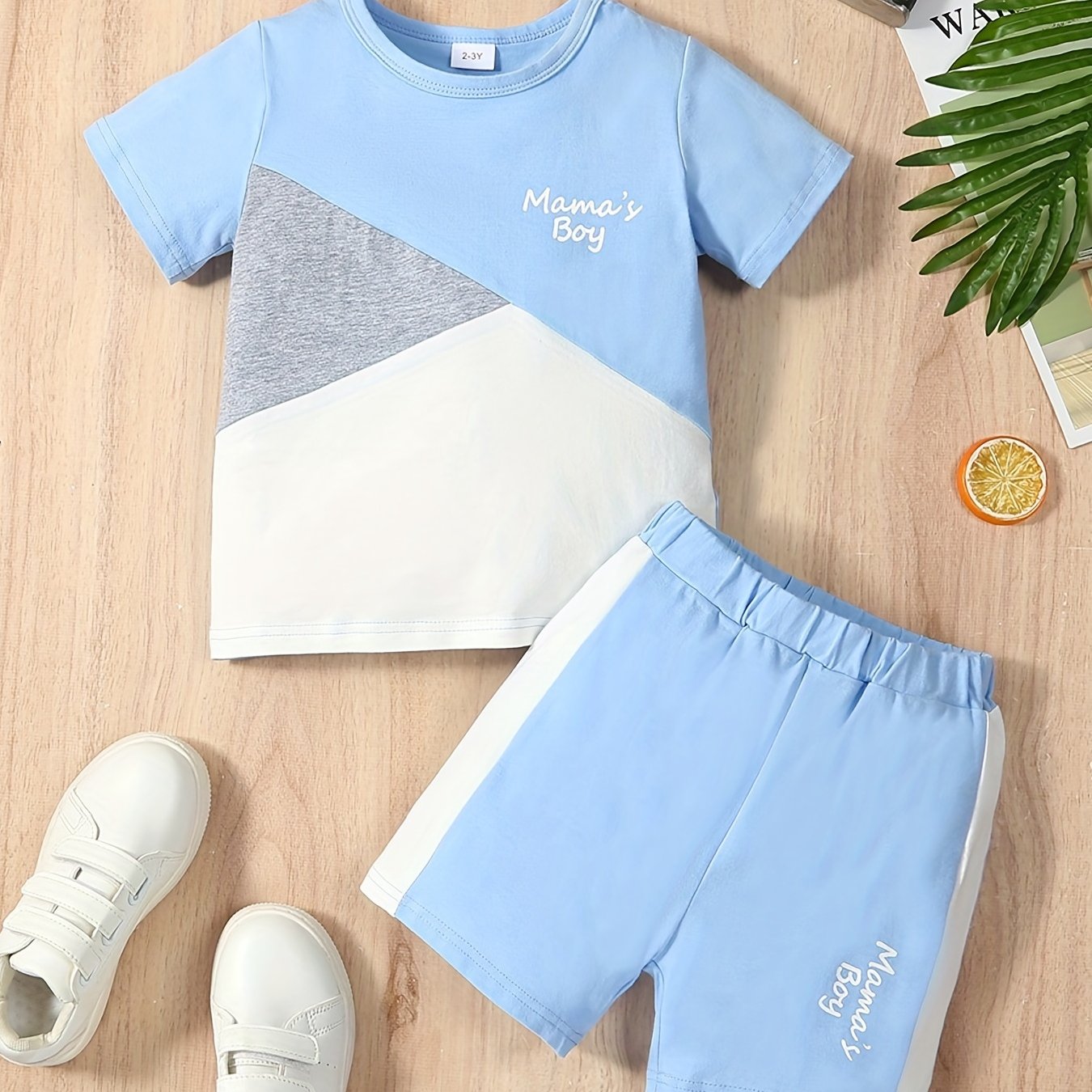 Boys Cotton Colorblock T Shirt & Shorts Set For Leisure Vacation