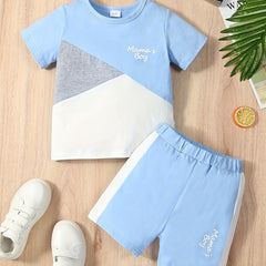 Boys Cotton Colorblock T Shirt & Shorts Set For Leisure Vacation