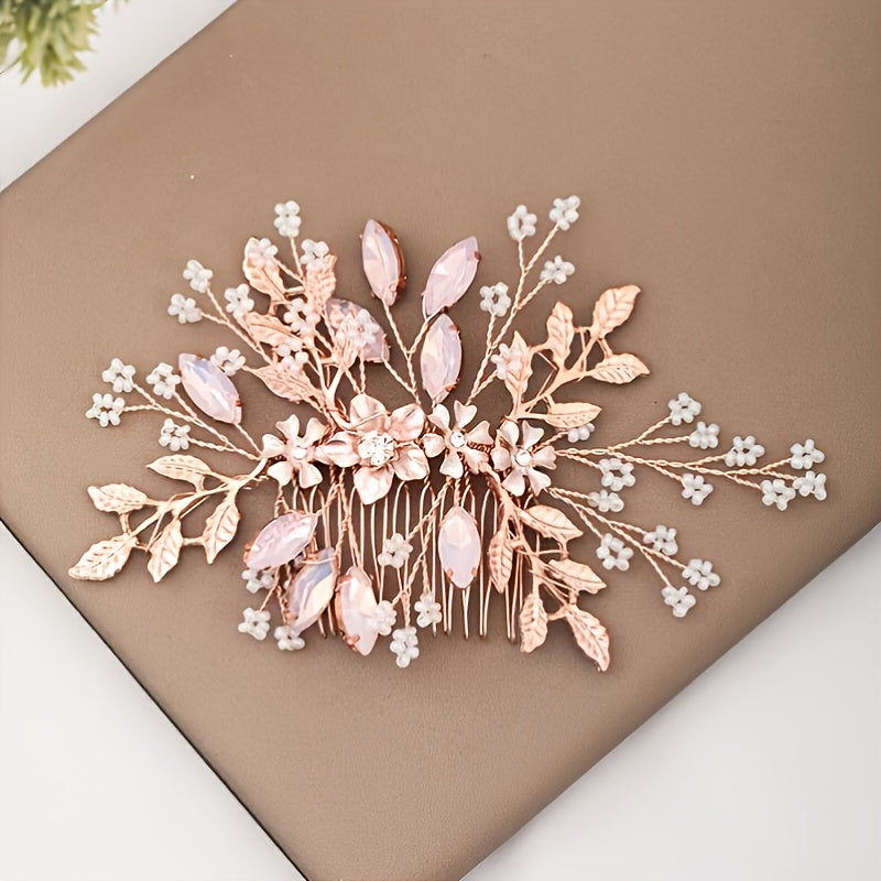 Rose Gold Hair Comb Floral Crystal Leaf Bridal Wedding Headpiece