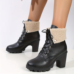 Women's Velvet Snow Boots High Heeled Lace-Up Chunky Boots