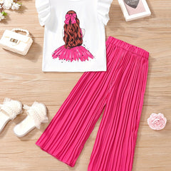 Anime Girl Ruffle Sleeve T-shirt & Pants Set for Summer
