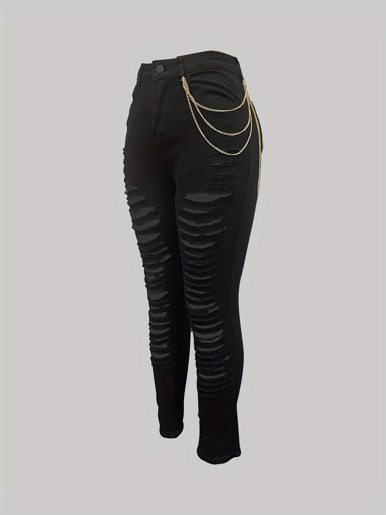 Distressed Metal Chain Skinny Jeans High Stretch Denim Pants