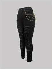Distressed Metal Chain Skinny Jeans High Stretch Denim Pants