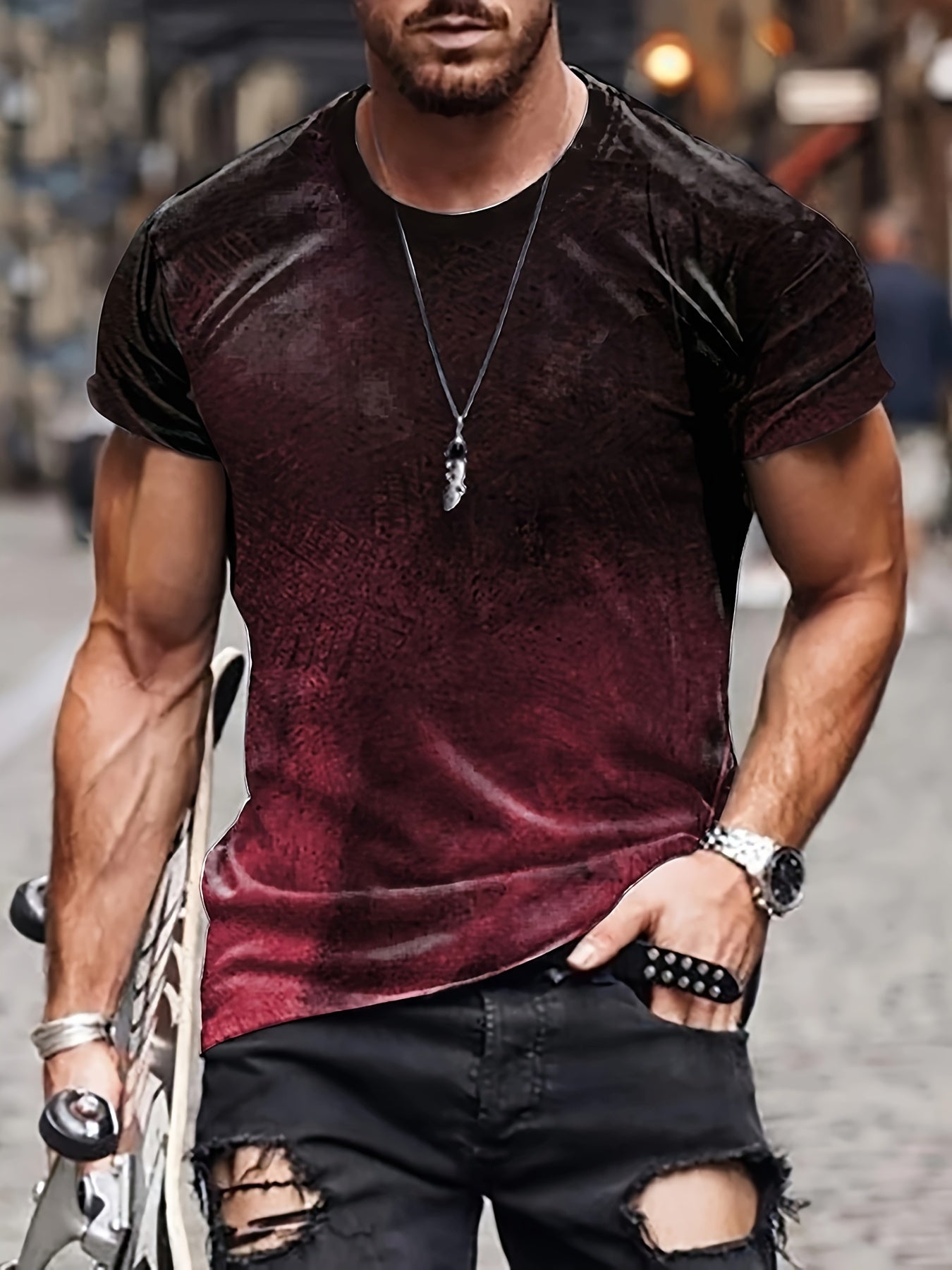 Vintage Style Printed T shirt Men's Casual Street Style Stretch Tee