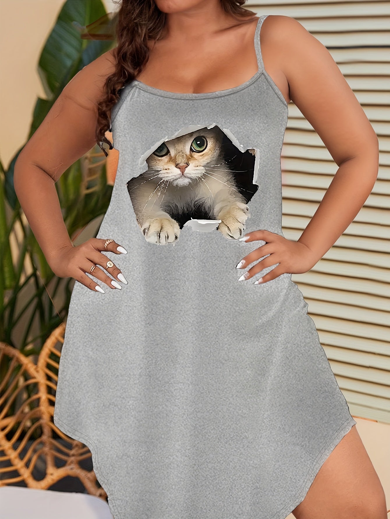 3D Cat Print Round Neck Medium Stretch Cami Sleep Dress