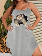3D Cat Print Round Neck Medium Stretch Cami Sleep Dress