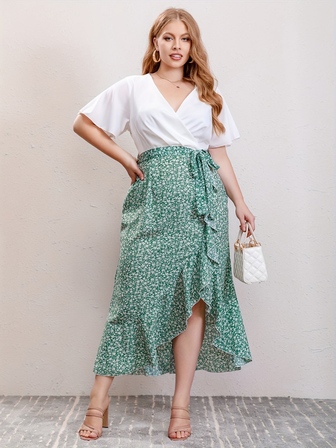 Colorblock Floral Ruffle Sleeve Dress