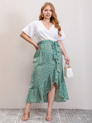 Colorblock Floral Ruffle Sleeve Dress