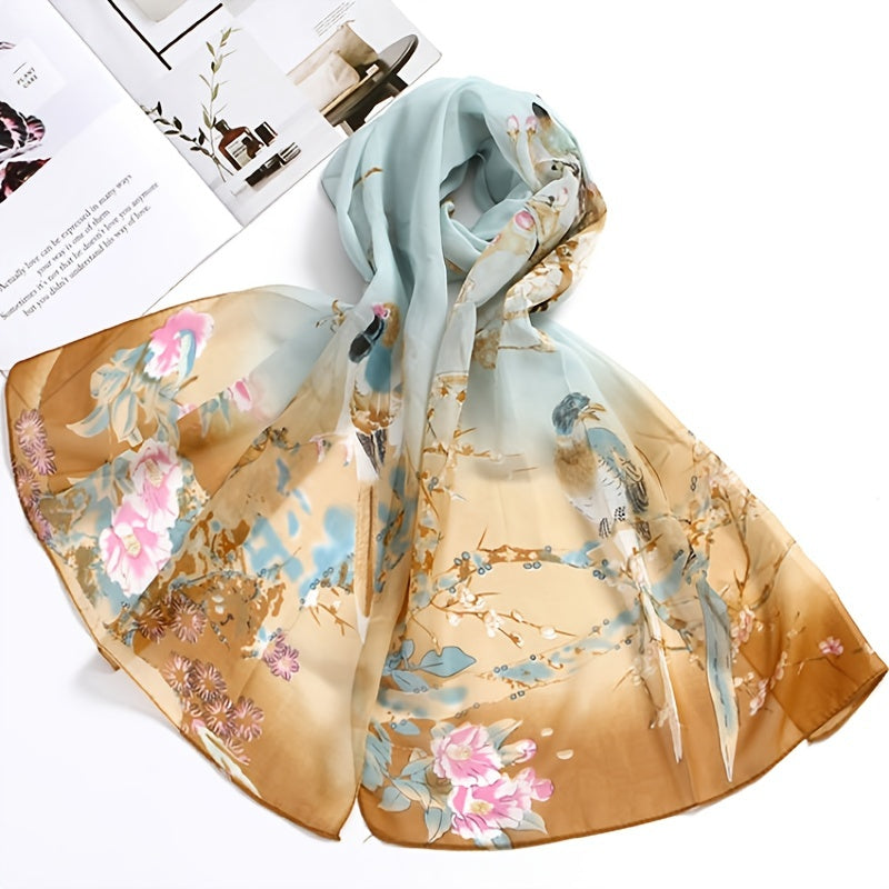 Flowers Birds Chiffon Scarf Sun Protection for Women