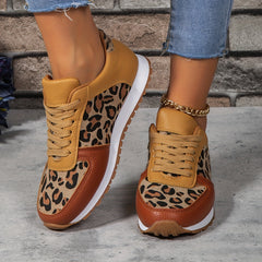 Leopard Print Lace Up Flat Sneakers Women's Non Slip Shoes