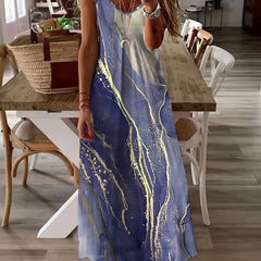 Marble Print Maxi Dress Spaghetti Strap Sleeveless Casual Dress