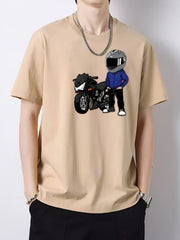 Motorcycle Print Graphic Cotton Crew Neck T-shirt for Men