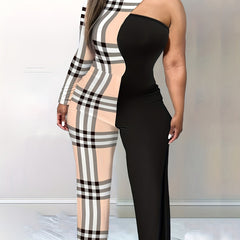 Colorblock Plaid Print One Shoulder Jumpsuit