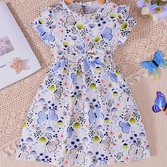 Girls Butterfly Print Ruffles Round Neck Princess Dress