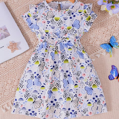 Girls Butterfly Print Ruffles Round Neck Princess Dress