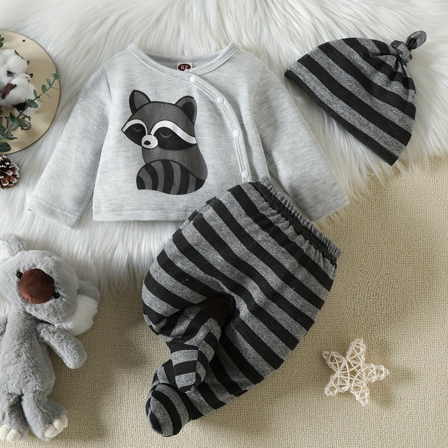 Newborn Baby Raccoon Print Long Sleeve Button Top & Striped Footed Pants Set