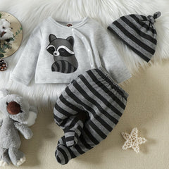 Newborn Baby Raccoon Print Long Sleeve Button Top & Striped Footed Pants Set