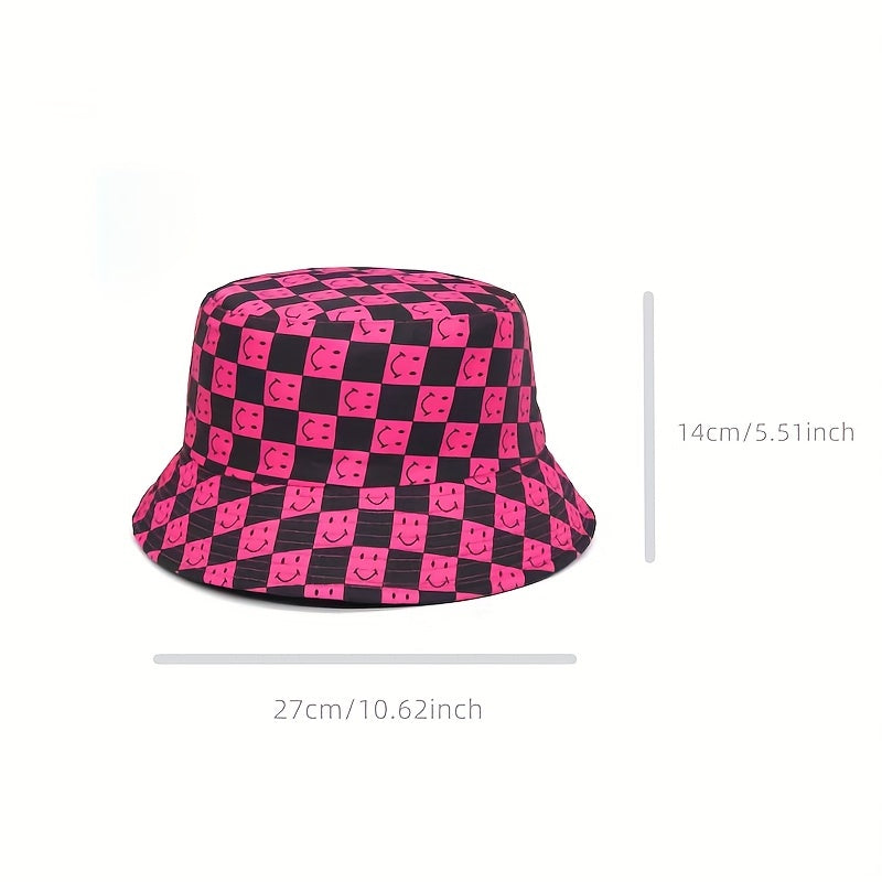 Double Sided Checkerboard Fisherman Hat Plaid Happy Fac