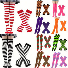 Striped Arm Sleeve Gloves & Thigh High Socks Set for Cosplay & Parties