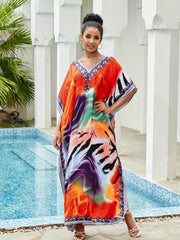 Colorful V Neck Kaftan Cover Up Sun Protection Dress