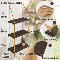 3 Tier Hanging Wall Shelves Swing Rope Floating Shelf