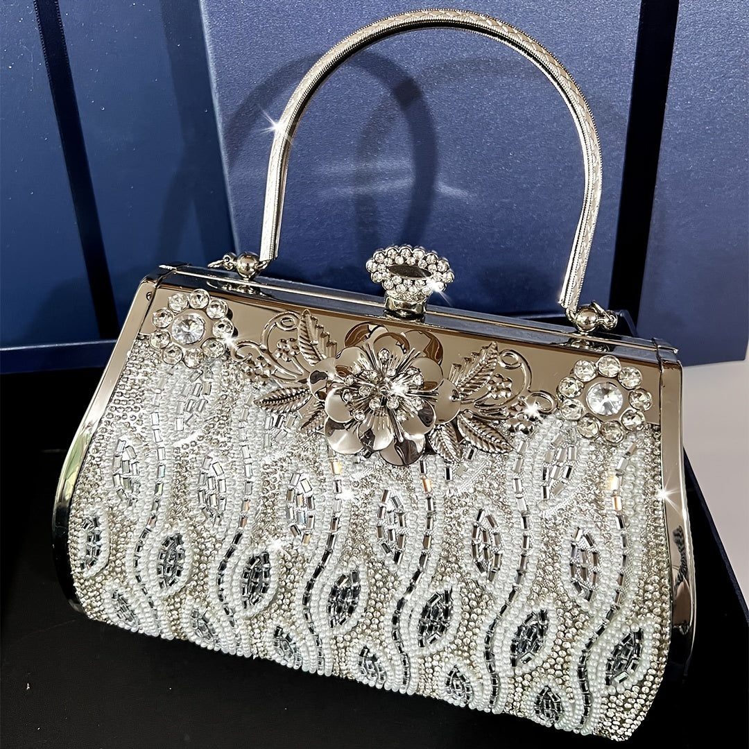 Silvery Pearl Evening Gift Bag Rhinestone Banquet Handbag