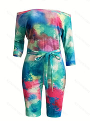 Tie Dye Off Shoulder Romper Jumpsuit Women's Clothing